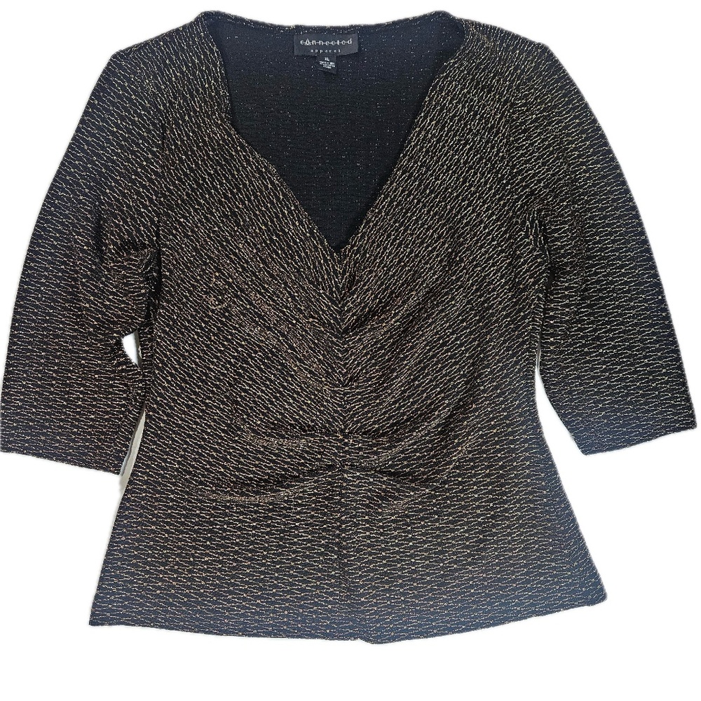 Connected Apparel Blouse Womens XL Black Gold Ruched‎ V-Neck 3/4 Sleeve Made USA